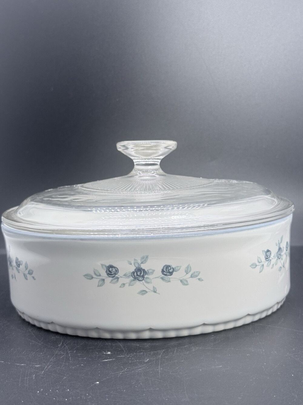 Pfaltzgraff Poetry Blue Rose 2 Qt Covered Casserole Dish Glass Lid USA Vintage
